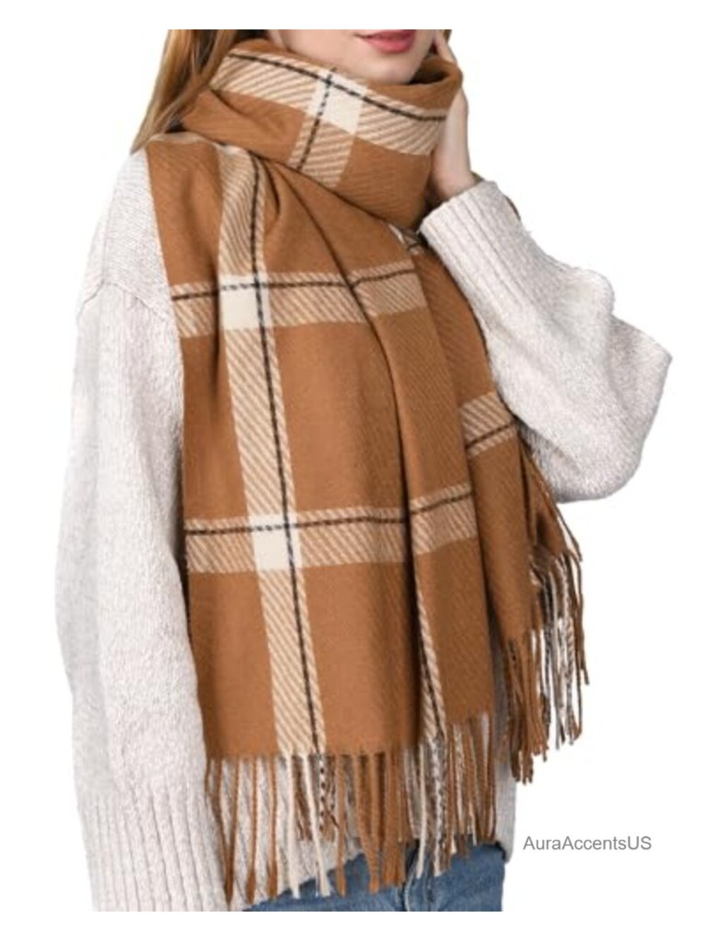 Oversized Plaid Tassel Shawl Wrap Scarf for Women